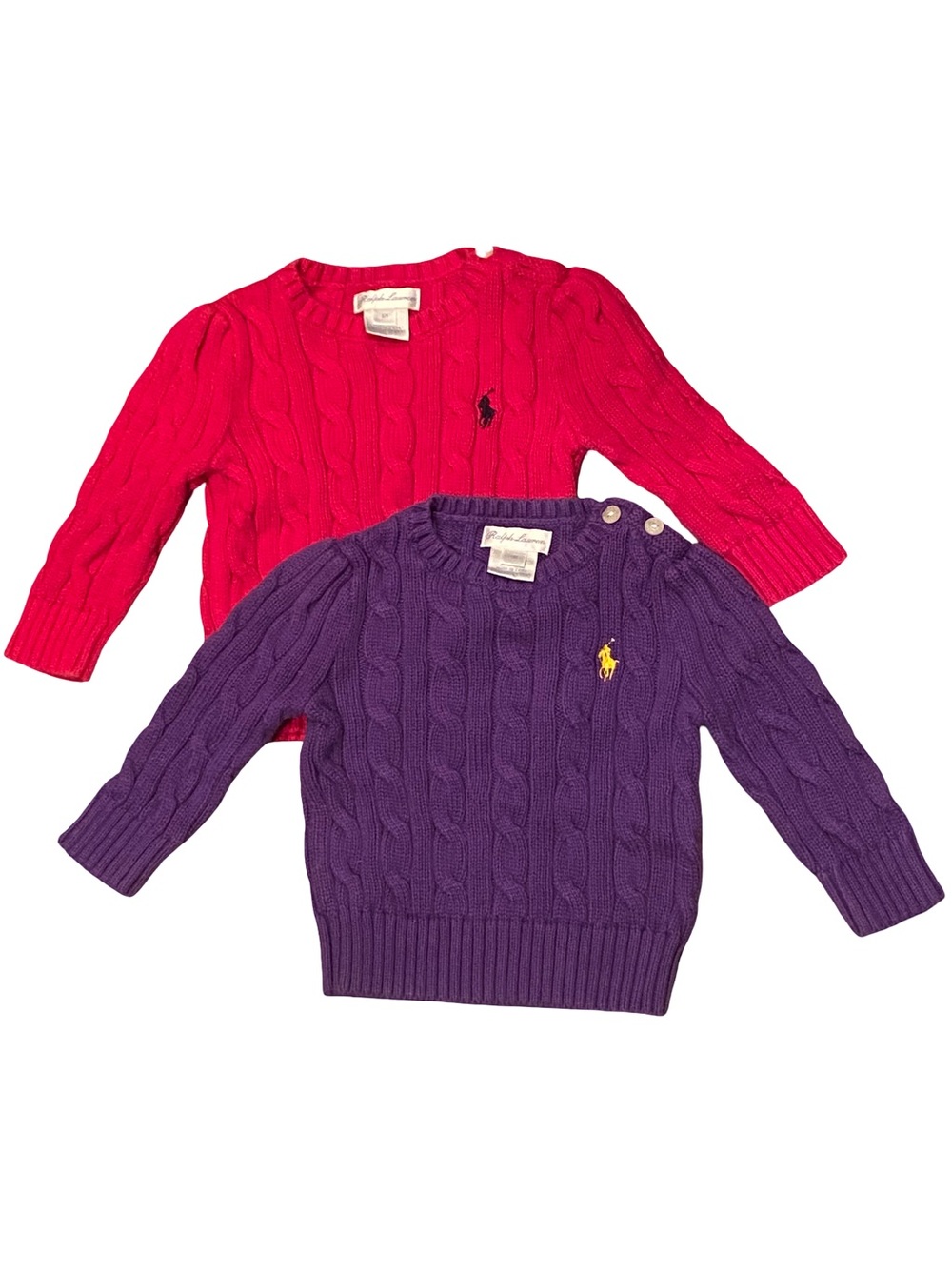 Kids’ Ralph Lauren cable knit purple and raspberry pink cotton sweater lot 6 mo.